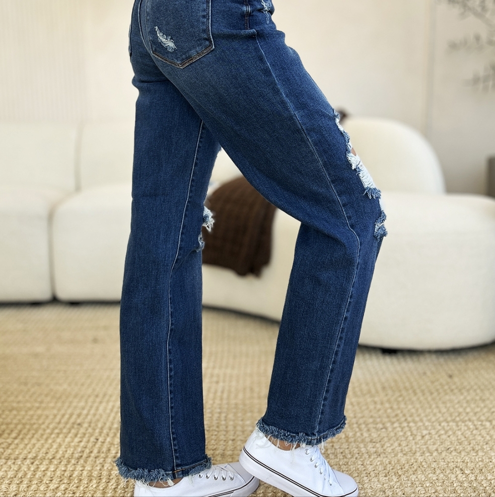 Mid-Rise Distressed Torn Mom Jeans Straight Leg Raw Hem Denim Pants Judy Blue - Picture 10 of 16